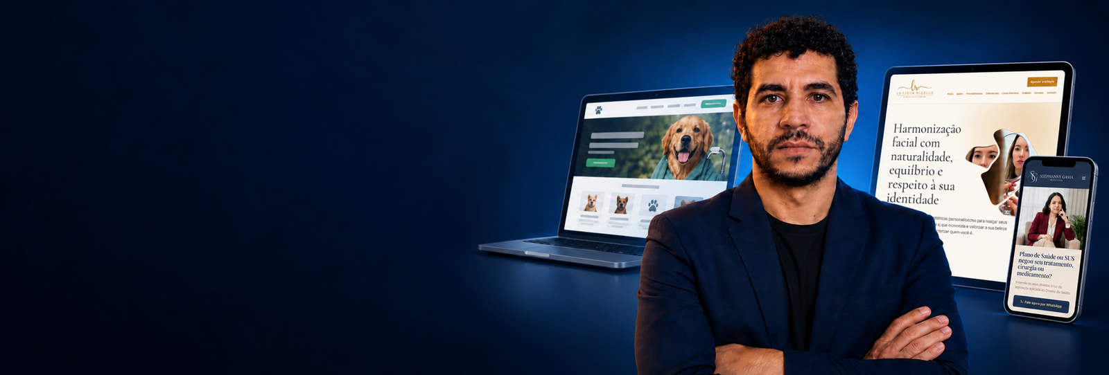 Roni Glebison com apresentações de sites em computadores e celular ao fundo